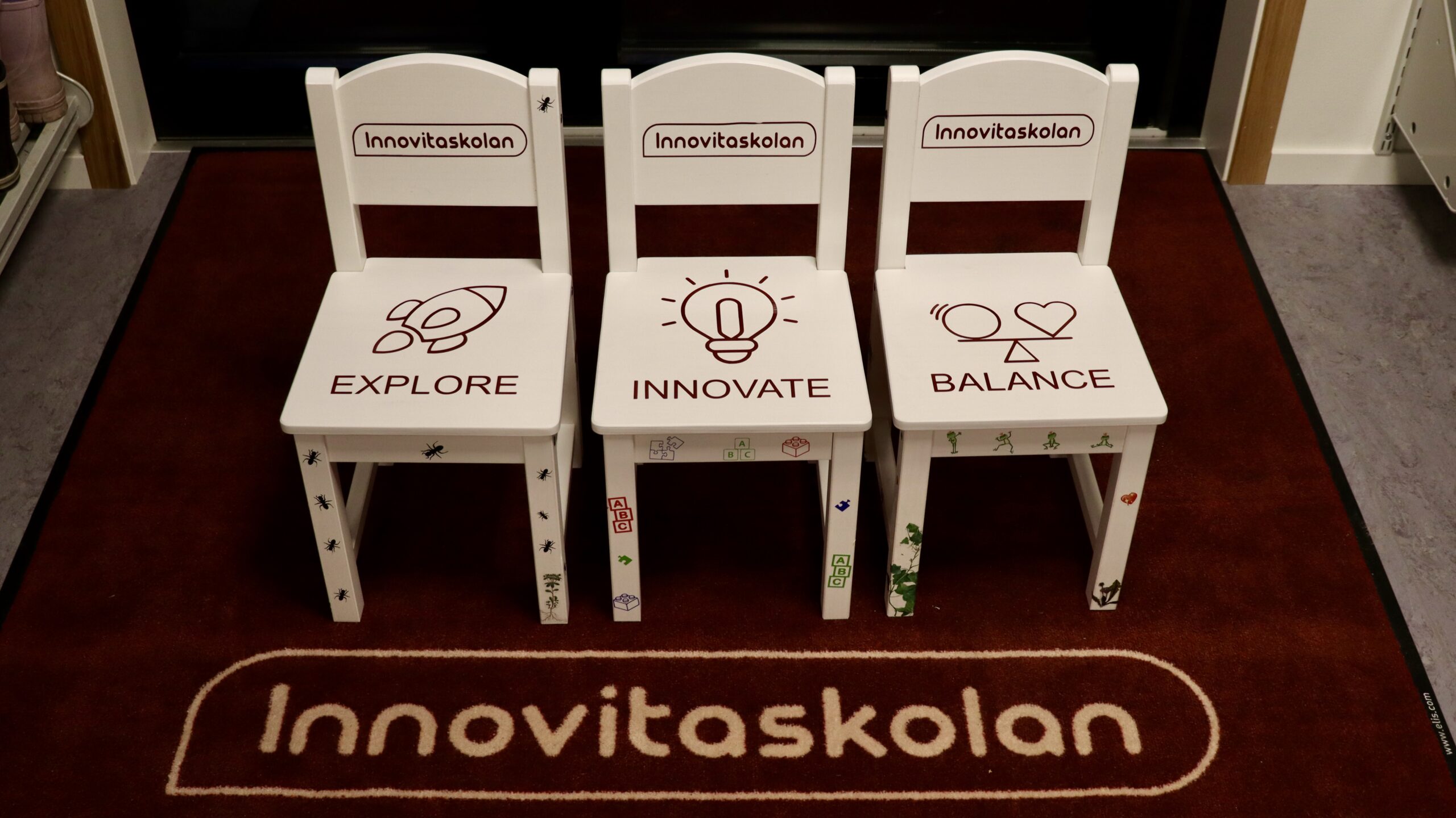 Stolar med orden Explore, Innovate och Balance skrivna på sitsen.